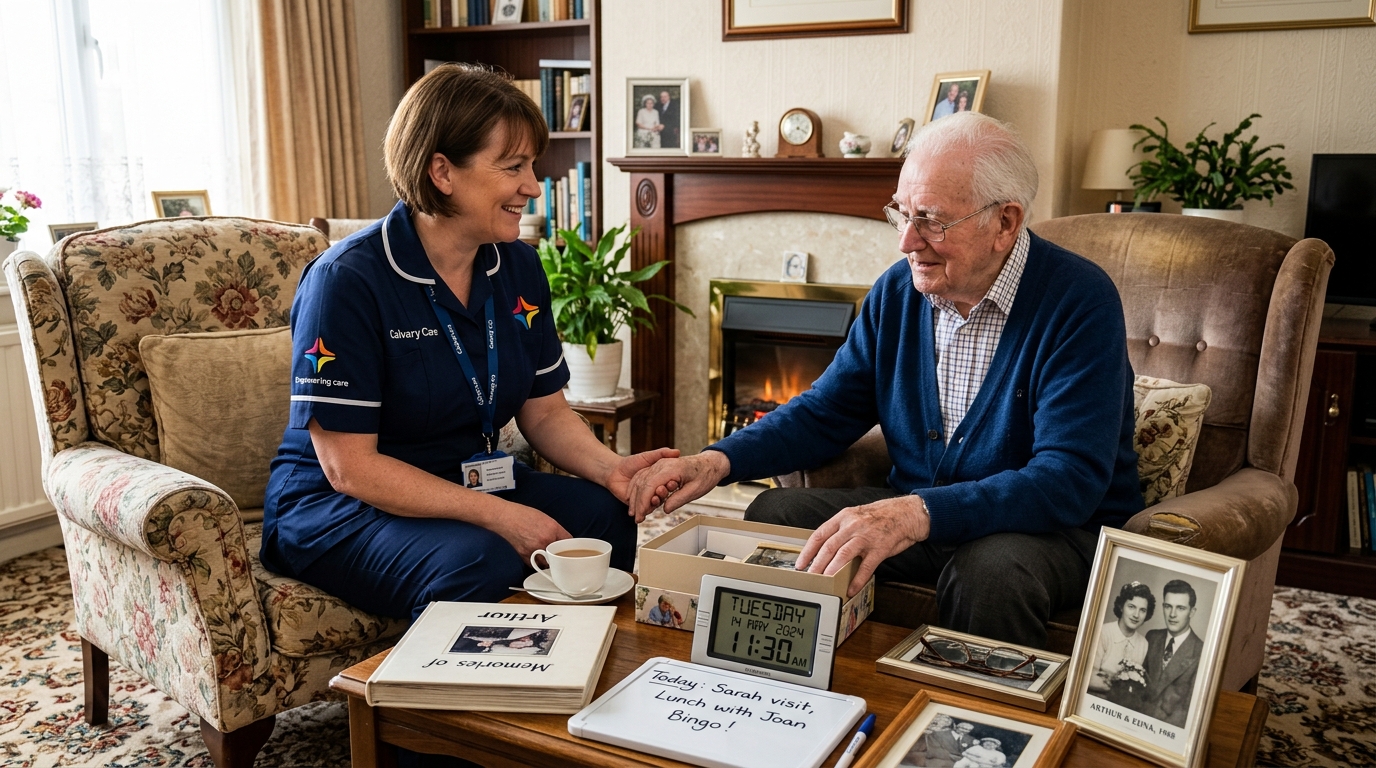 A Calvary Care specialist carer sitting with an elderly woman looking at photos, representing compassionate dementia care at home.
