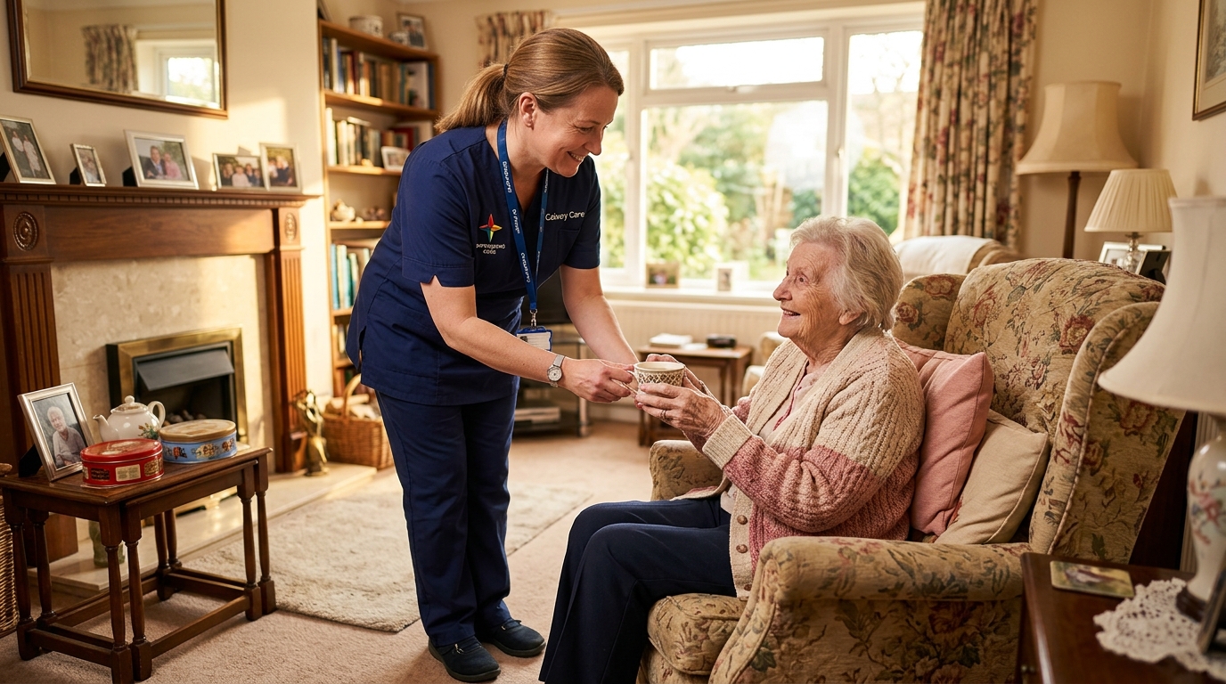 A Calvary Care carer offering tea to an elderly woman at home, representing flexible domiciliary care visits in London and Oxford.