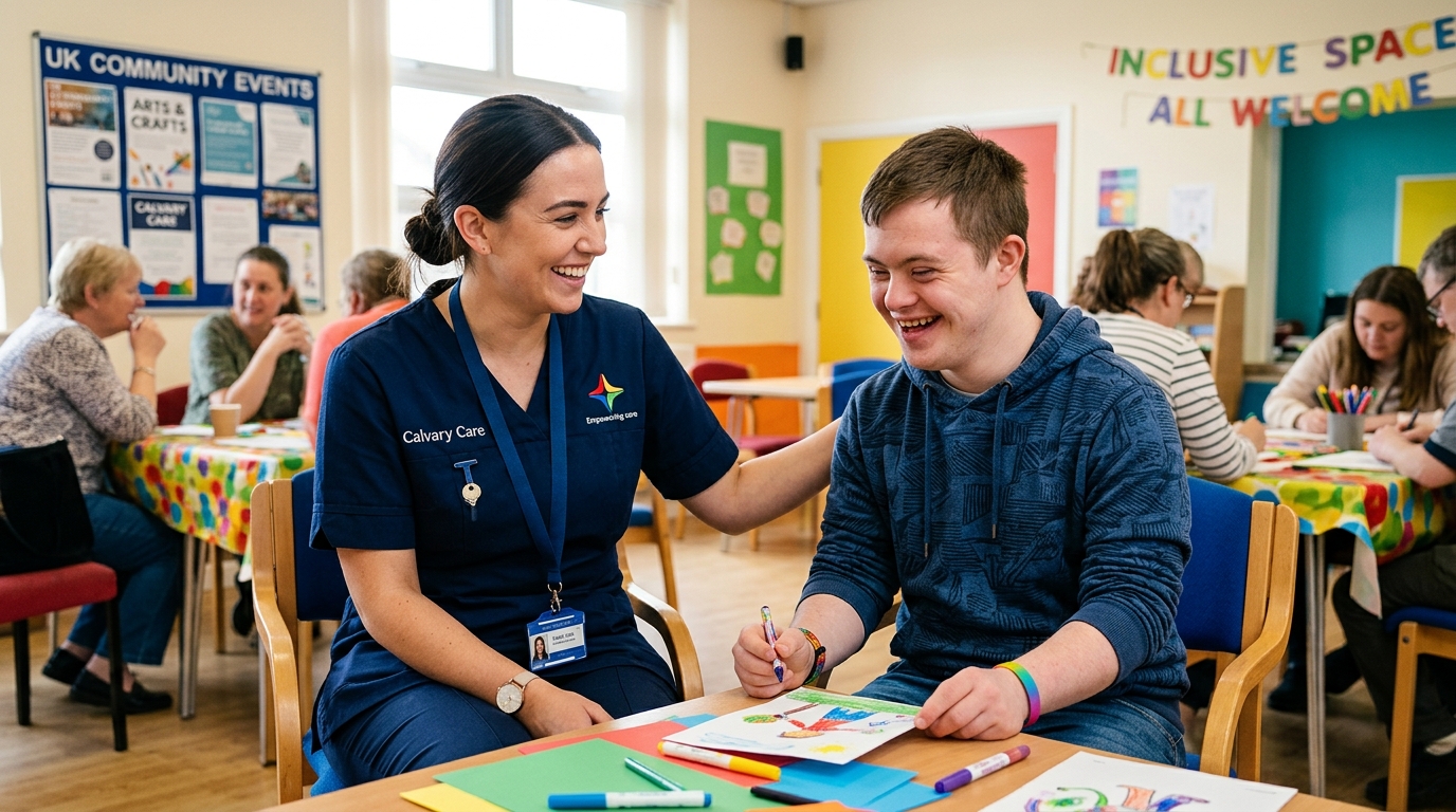 A Calvary Care support worker doing a creative activity with a young adult with a learning disability.