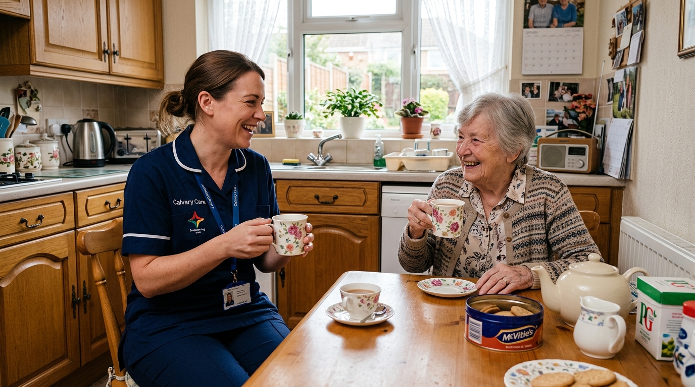 A Calvary Care live-in carer preparing a meal while an elderly client relaxes at the kitchen table.