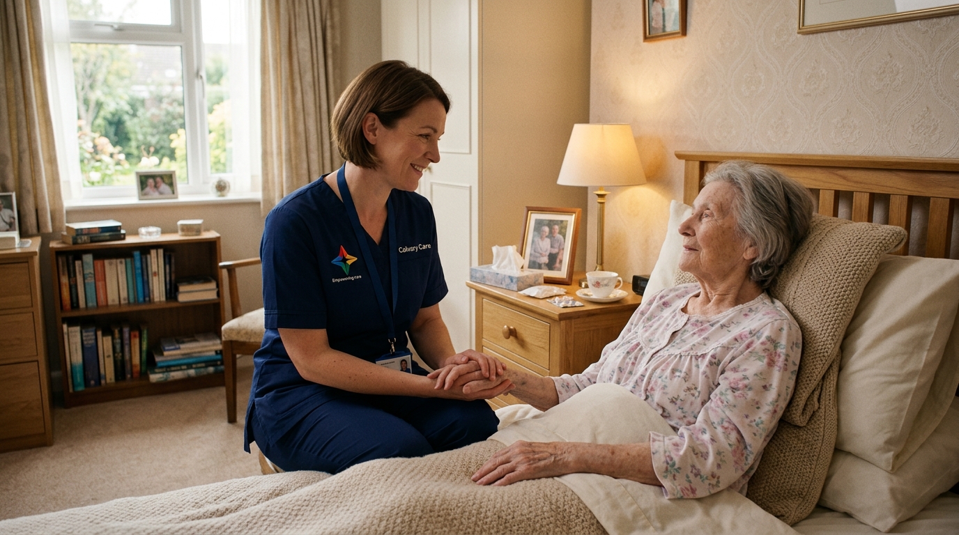 A Calvary Care carer holding the hand of an elderly client in a peaceful UK bedroom, representing compassionate palliative care.