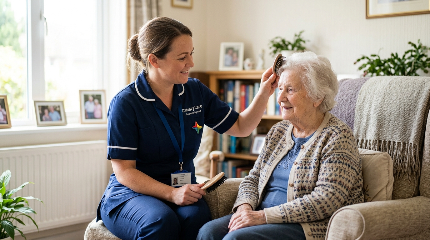 A Calvary Care carer providing dignified personal care assistance to an elderly woman in a UK bedroom.