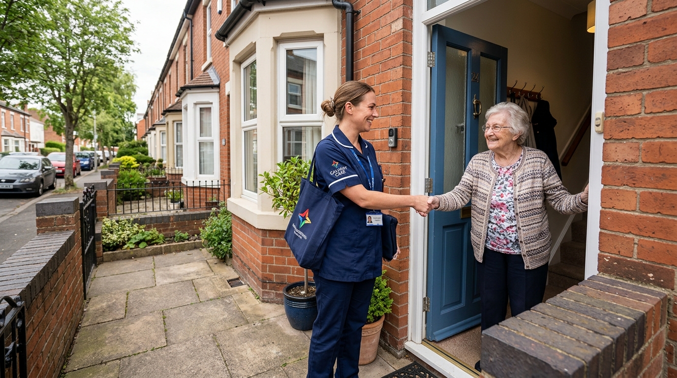 A Calvary Care carer arriving for a regular visiting care call, greeted warmly by an elderly client at her front door.
